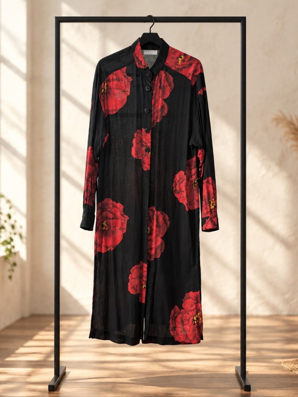 vintage long-sleeve black longline duster. Essay By Sharon Anthony, XLarge